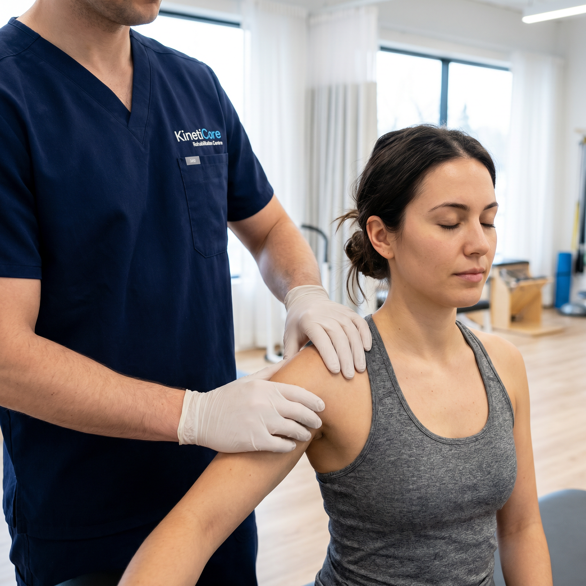 Chiropractor assessing patient's shoulder mobility and function at KC Rehab