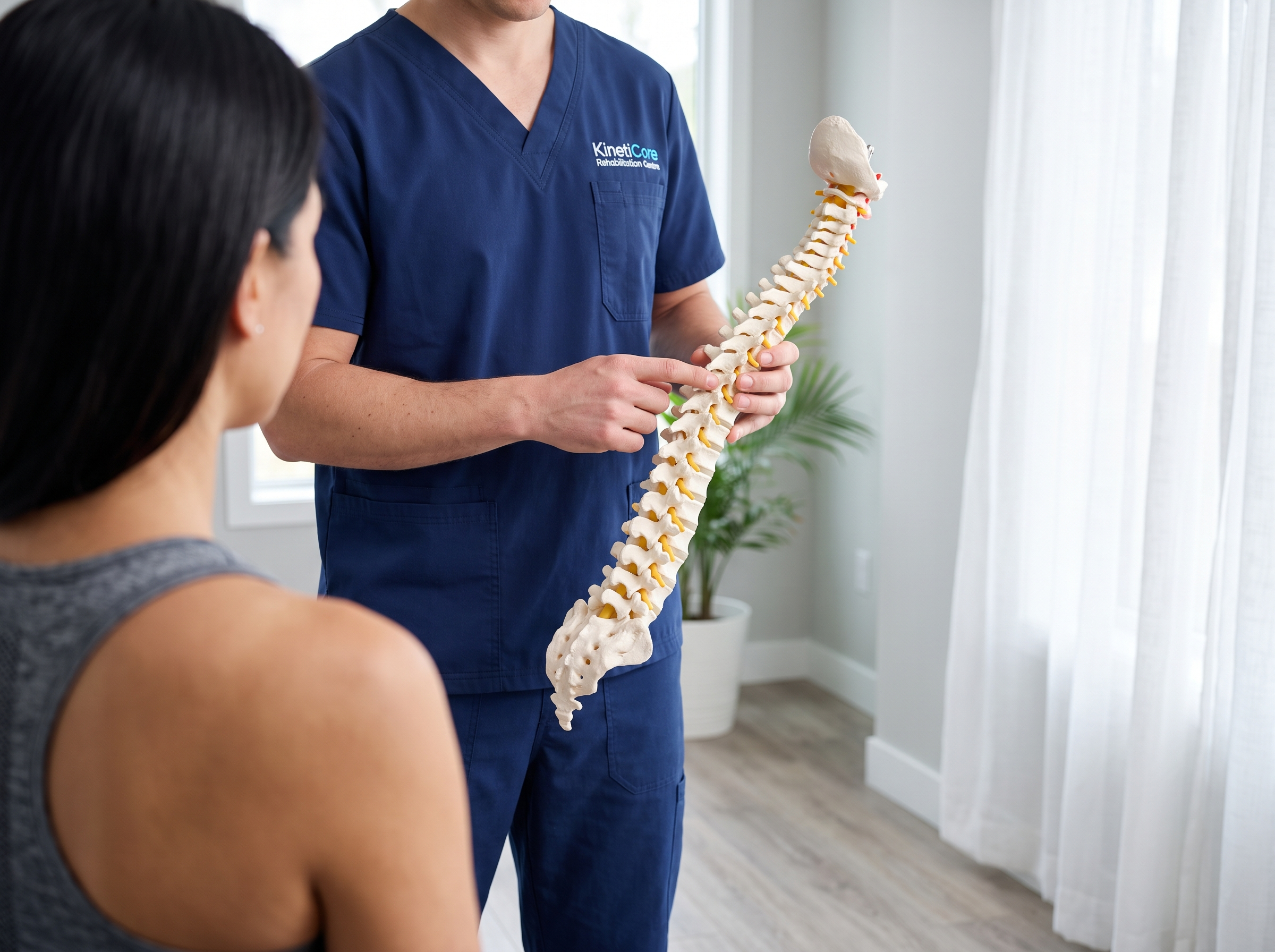 Chiropractor holding a spine model behind a patient at KC Rehab